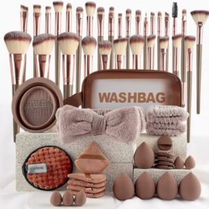 makeup brush set 42pcs makeup tool set, premium synthetic foundation powder concealers eye shadows blush makeup brushes powder puff, brown, 42 piece set.